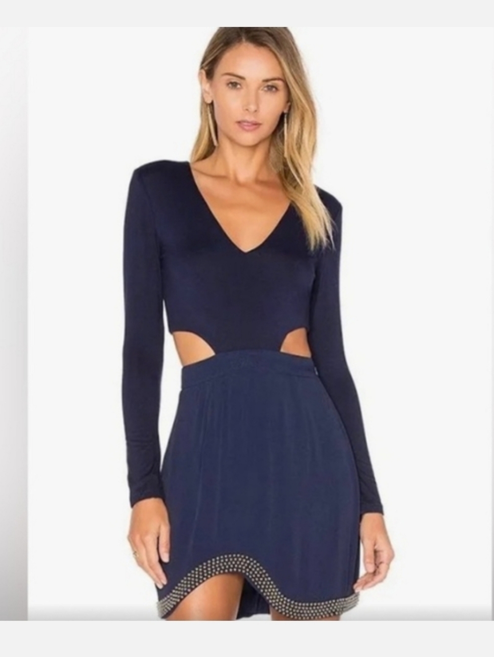 NBD Kaia Dress Navy Small Silver Studs Long Sleeve Cut Out Back